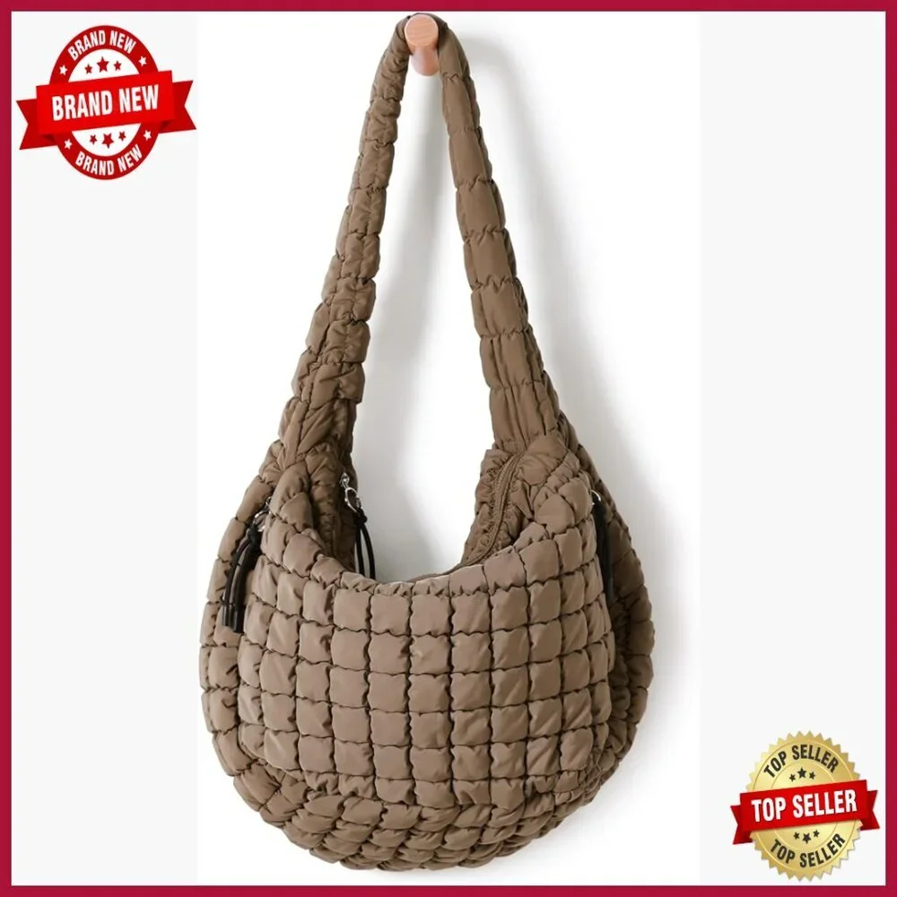Large Quilted Tote Bag with Crossbody Strap, Lightweight Polyester Hobo